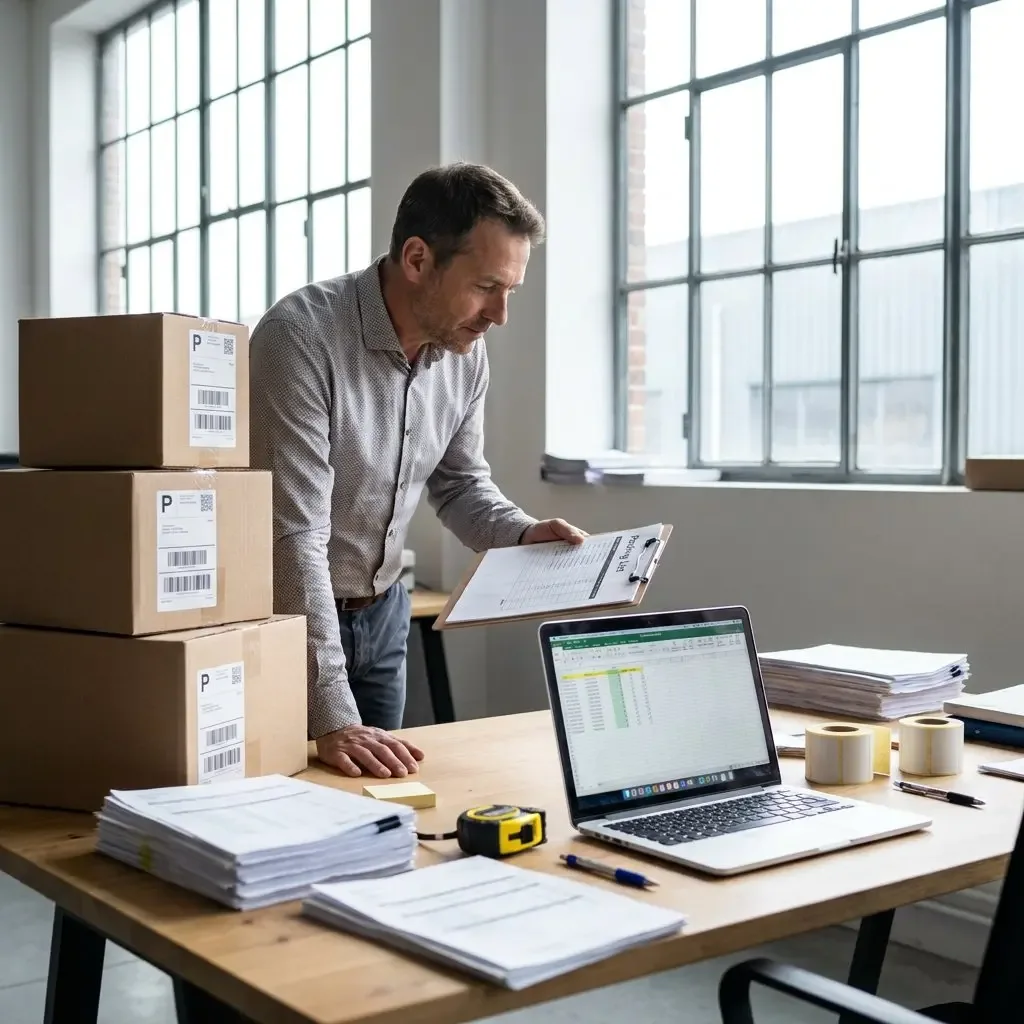 "A man in an office reviewing a clipboard next to stacked cardboard boxes and an open laptop."